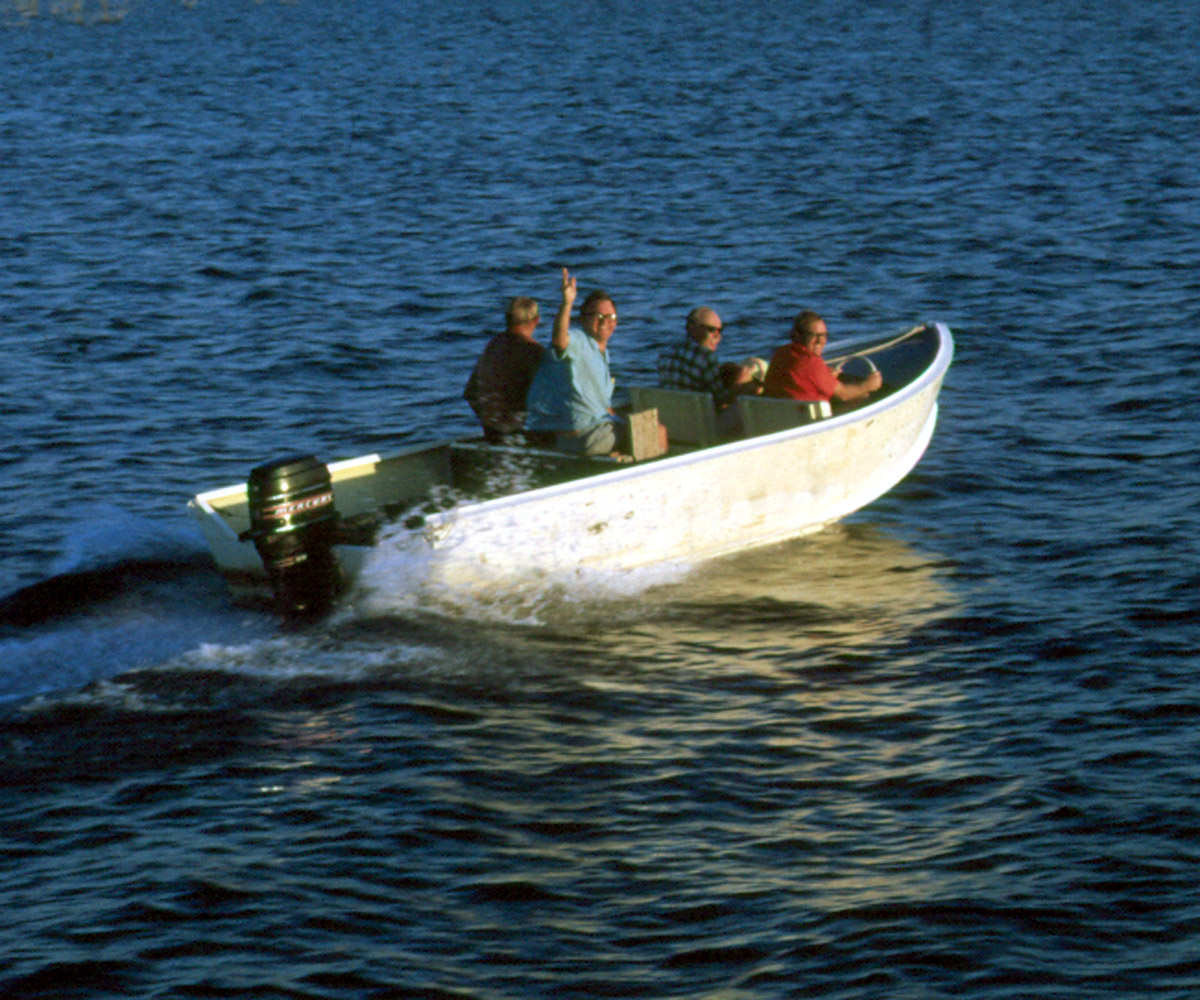 "Botanists afloat". It was taken on Lake Kariba, near the UR/UZ field research station at Sinamwenda in June 1972 during a 3rd year Botany field trip.  On the boat, from L to R are:  Tom Muller, Brian Walker, Hiram Wild and David Mitchell. At that time Tom was a 3rd Year student and the others were all on the staff of UR in the Botany Dept.