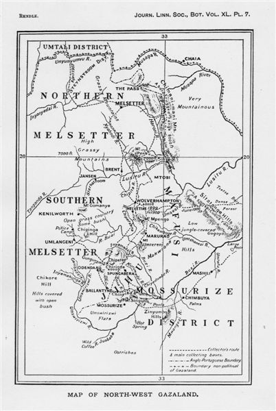 Map showing Swynnerton's travels in Gazaland and many of the places mentioned in the biography